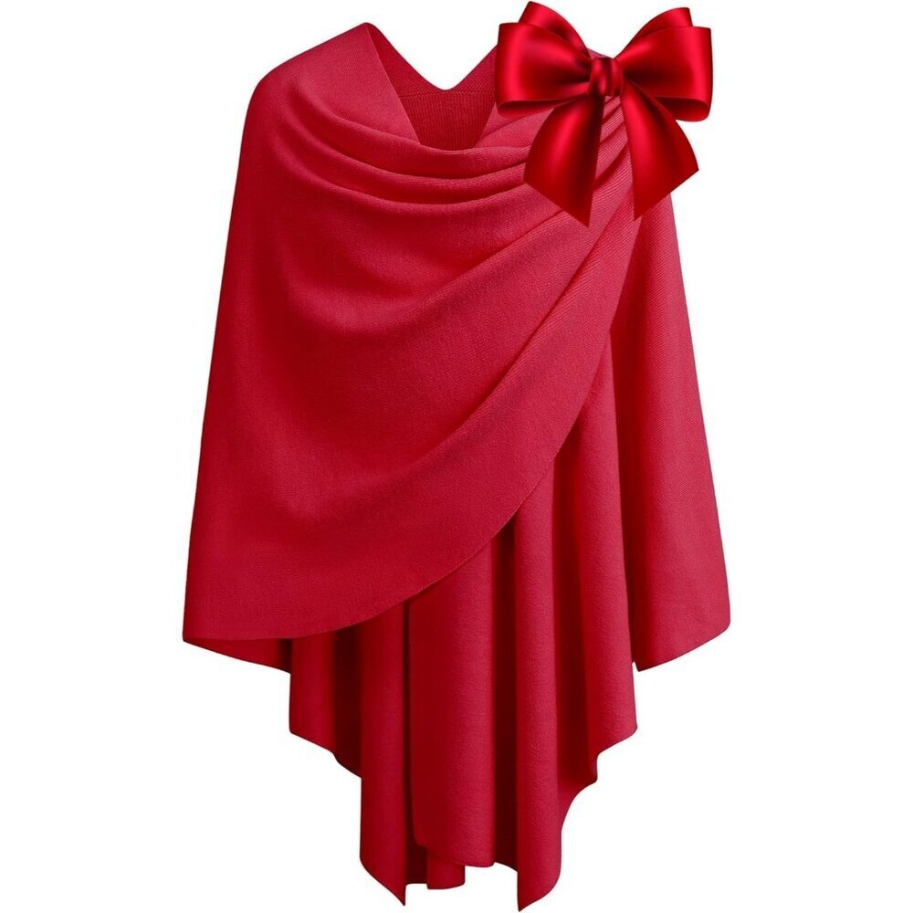 Women Gift Box Red Cross Front Poncho Sweater Wrap Knitted Elegant Shawls Cape